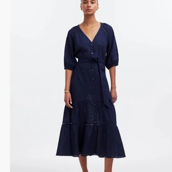 Madewell Tie-Waist Tiered Midi Dress in Windowpane Navy NEW NS139 Flowy - Picture 1 of 5
